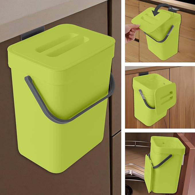 Compost Bin Kitchen, Bring 5 Rolls (100) of Garbage Bags, for Use on Countertops or Under Sinks, Hanging Trash Can with Lid, for Cupboard/Bathroom/Bedroom/Office/Camping(Green 1.3 Gallon/5L)