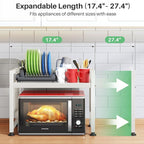 Microwave Stand, 2-Tier Expandable(17.4"-27.4") Microwave Oven Rack, Heavy Duty Adjustable Shelf with 9 hooks, Kitchen Organizer Storage Shelves for Pantry, Countertop, Coffee Bar, Office, Dorm, White