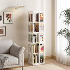Square Rotating Bookshelf Tower - 360 Spinning Display Corner Bookcase for Narrow Space, Modern 5-Tier Revolving Storage Shelf, White