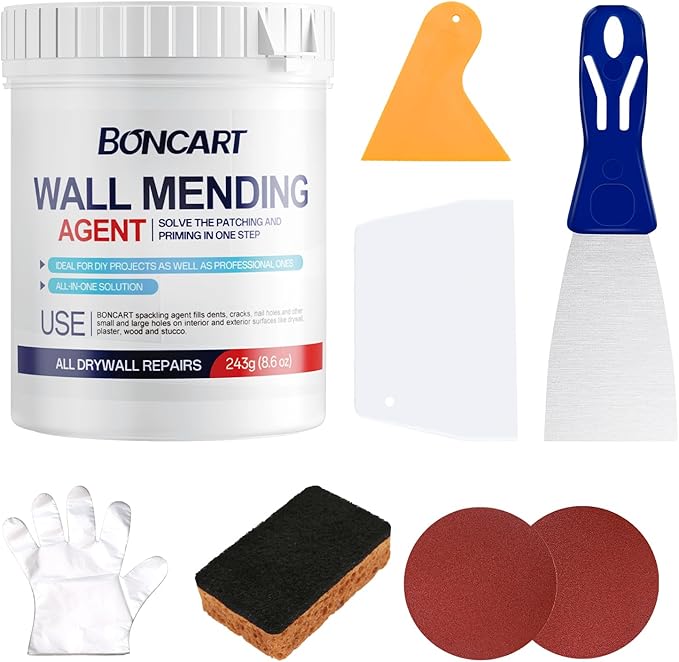 8.6oz Drywall Patch Repair Kit - Professional All-in-1 Tool Set (Scrapers/Sandpaper/Texture Sponge/Gloves/Putty Knife) for Fast Wall Hole Repair
