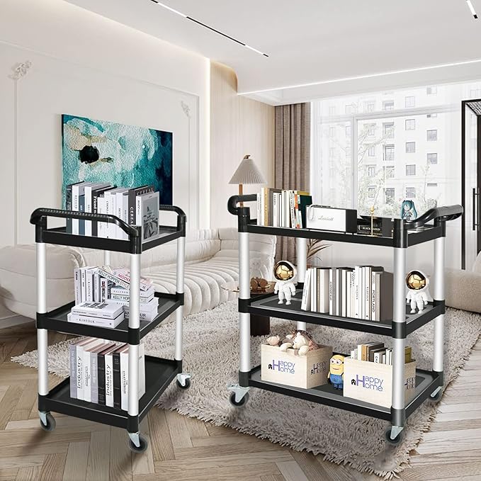 Plastic Utility Carts with Wheels, 3-Tier Restaurant Cart, Heavy Duty Rolling Cart Food Service Cart 420LBS, Bus Cart with Lockable Wheels and Rubber Hammer for Warehouse/Kitchen, Black