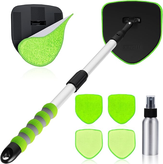 XINDELL Windshield Cleaner Tool – 360° Rotation Large Head Car Window Cleaning Kit with Extendable Handle, 5 Microfiber Velcro Stick Pads, Dry&Wet Use for Auto Glass, Trucks, SUVs, RVs, Home