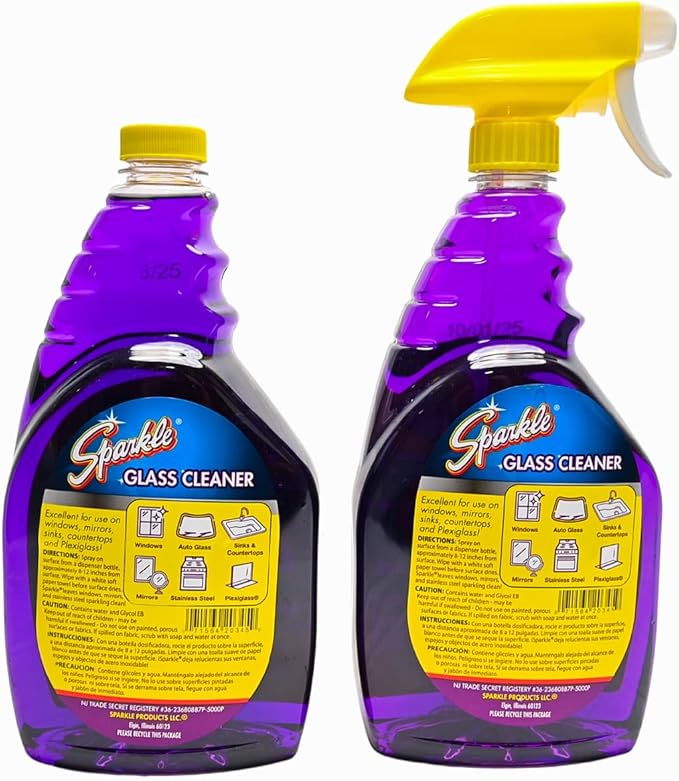 Sparkle Glass Cleaner 1 Spray Bottle 33.8 And 1 Refill 33.8, Ammonia-Free Original Formula Heavy Duty Glass Cleaner, Leaves No Streaks (67.6 Fl Oz,Pack of 3)