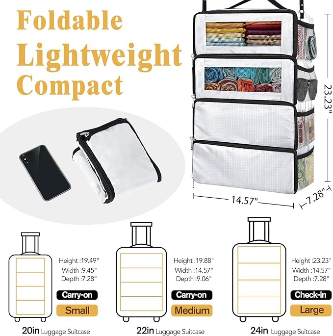 Suitcase Organizer, Carry on Closet Luggage Organizers Accessories for Travel, Foldable and Hangable Portable Hanging Travel Shelves with a Shoulder Strap to Use As a Travel Backpack Large, White
