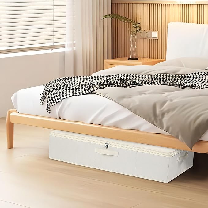 Under Bed Storage Container, Clothes Organizer with Handles, Foldable Storage Bin With Lid, Beige, 1 Pack, 23.6 x 11.8 x 5.9 Inch