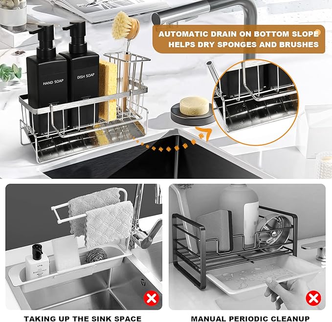 GMISUN Dish Soap Dispenser for Kitchen, 12 fl oz Matte Black Kitchen Soap Dispenser with Silver Sponge Holder, Customized Removable Soap Dispensers Set, Modern Hand and Dish Soap Dispensers Set