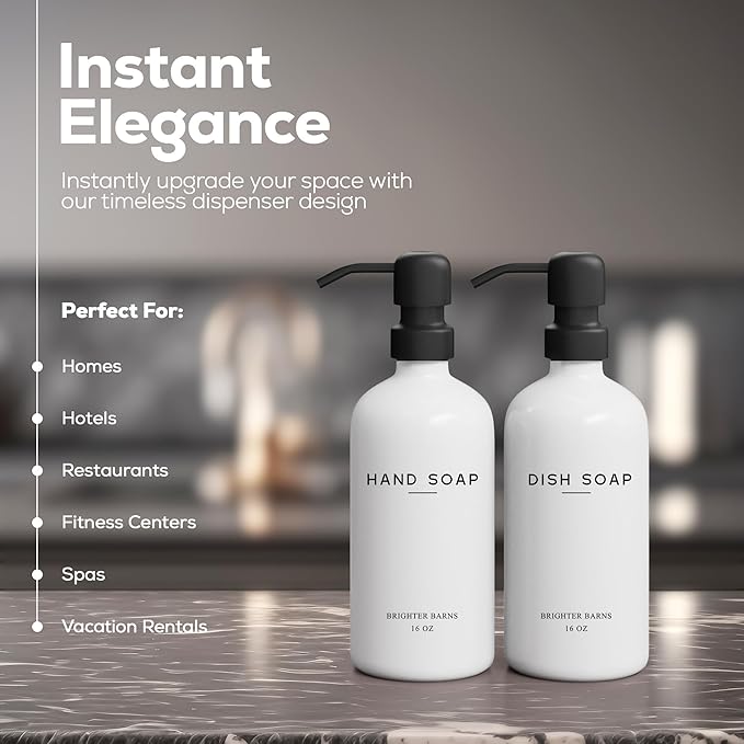 White Glass Hand and Dish Soap Dispenser Set by Brighter Barns - Kitchen Soap Dispenser & Stainless Steel Pump - Glass Bottles for Kitchen Sink - Farmhouse Home Decor, Bathroom Accessories (White)