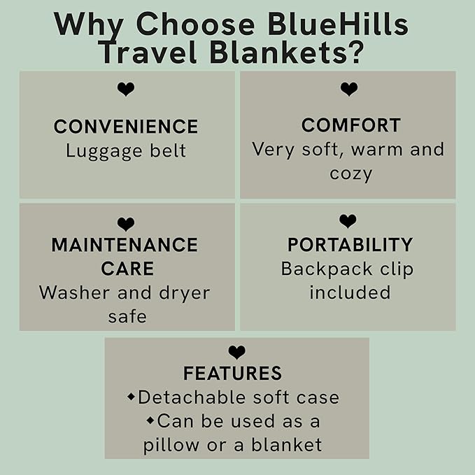 BlueHills 2-Pack Premium Soft Travel Blanket Pillow Airplane Blanket for Two in Soft Bag Pillowcase with Hand Luggage Belt and Backpack Clip, Compact Pack Large Blankets for Travel (Black T014)