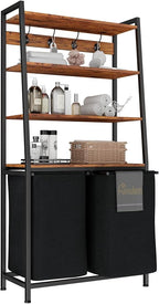 Furnulem 4 Tiers Laundry Hamper with Shelf and Hooks, Tall Laundry Basket Sorter with 2 Removable Bags, Double Clothes Hampers Organizers for Bathroom Bedroom