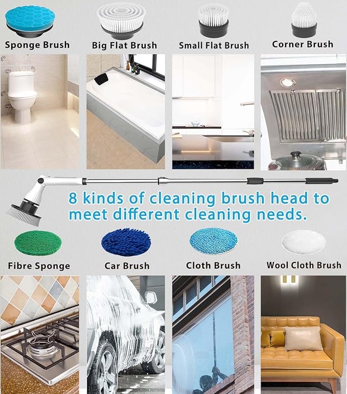 MGLSDeet Electric Spin Scrubber with 8 Replaceable Brush Heads Rechargeable Cleaning Brush, Cordless Power Scrubber, Electric Scrubber for Cleaning Bathroom, Bathtub, Tile