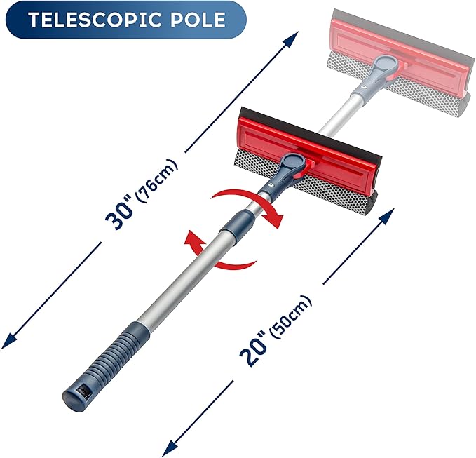 DSV Standard Professional Window Squeegee | 2-in-1 Window Cleaner Sponge and Soft Rubber Strip With Telescopic Extension Pole 20" - 30"(50cm-76cm) | Adjustable To Clean From Multiple Angles
