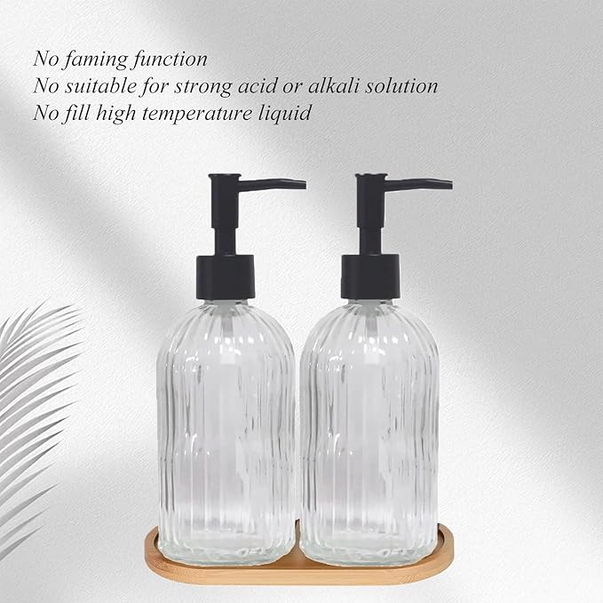 Glass Hand and Dish Soap Dispenser Set of 2 with Plastic Pumps, Bamboo Tray, 13.5oz Clear Bathroom Soap Dispenser with Vertical Stripe for Hand Wash & Dish Wash, Ideal for Bathroom Kitchen Countertop