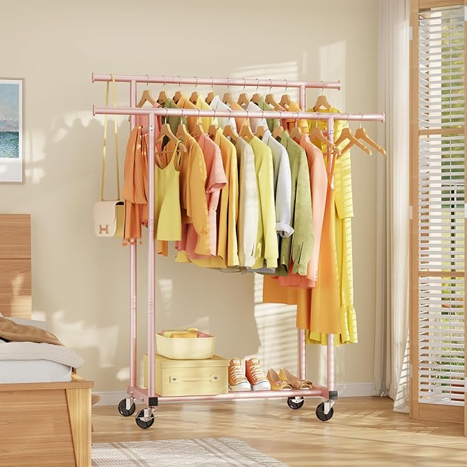 HYSEYY Double Rods Clothes Rack, Sturdy Rolling Clothing Rack, Portable Clothing Racks for Hanging Clothes - Metal Garment Rack Wardrobe Coat Rack for Bedroom Laundry Living Room, Pink