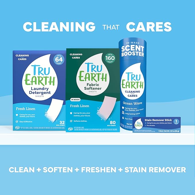 Tru Earth Eco-friendly, Biodegradable, Zero Waste, Cruelty-Free Laundry Detergent Sheets/Eco-Strips for Sensitive Skin, 32 Count (Up to 64 Loads), Fresh Linen Scent