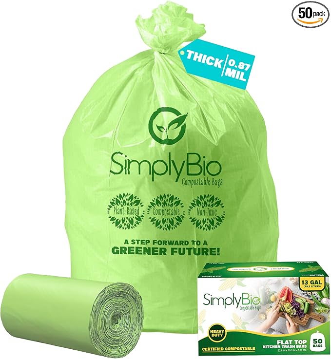 13 Gallon Compostable Trash Bags Liners with Flat-Top, Thick 0.87 Mil, 49.21 Liter, 50 Bags, Tall Kitchen Food Scrap Waste Bag, ASTM D6400, US BPI and OK Compost Home Certified