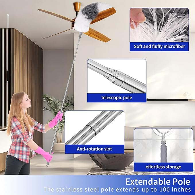 PHABLUS 10 PCS Dusters for Cleaning, Microfiber Duster with Extension Pole Up to 100'', Bendable Washable Cleaner Dusters for Ceiling Fans, High Ceiling, Furniture, Blinds