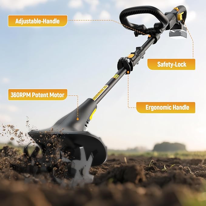 Cordless Tiller Cultivator Fit for DeWALT 20v Max Battery, 360RPM Electric Rototiller 7.8″ Tilling Width & 5″ Depth for Gardening & Farming(Battery not Included)