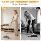 Upgrade Broom and Dustpan Set 180° Rotatable Head with 61" Extra Long Adjustable Handle Self-Cleaning Dustpan Teeth&Zero Gap Indoor Outdoor Sweeping for Home Kitchen Office Pet Hair-Gray&Yellow