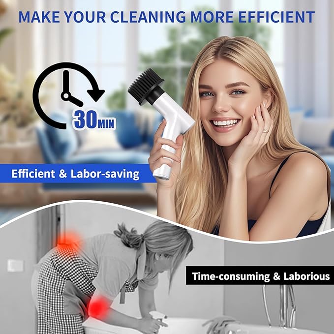 Electric Spin Scrubber, Cordless Shower Scrubber with 7 Replacement Brush Heads, IPX5 Waterproof Bathroom Scrubber with Adjustable Handle, 2 Speed Power Cleaning Brush for Cleaning