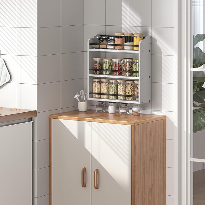 3 Tier Wooden Spice Rack, Seasoning Jars Rack Shelf Spice Organizer for Countertop or Wall Mount, Vertical Spice Holder for Kitchen Counter, Cabinet, Pantry, White