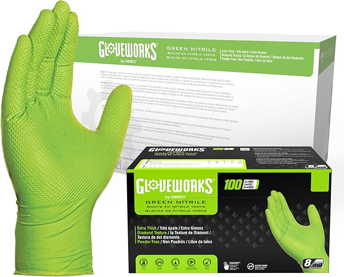 GLOVEWORKS HD Green Gloves, 8 Mil Nitrile Disposable Heavy Duty Raised Diamond Grip Mechanic Glove, Bulk Purchasing Options