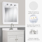 Design House Concord Medicine Cabinet, 3 Mirrored Doors, Pre-Assembled, 2 Fixed Shelves, Wall Mount, 3 Vanity Lights, White Frame Wall Cabinet, 24 in W x 5 in D x 30 in H, 532374-WHT