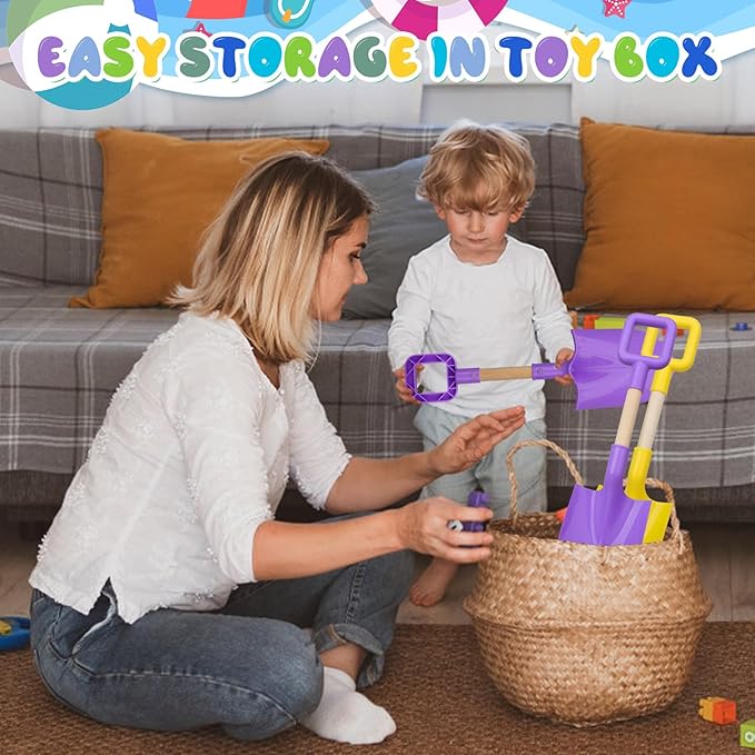 Long Beach Shovel Sand Spades Wood Handle, Sturdy Scoop Sandbox Toys for Kids Adults, Garden Backyard Planting Tools Kit for Digging, ABS Plastic Spade Beach Essential - Yellow Purple