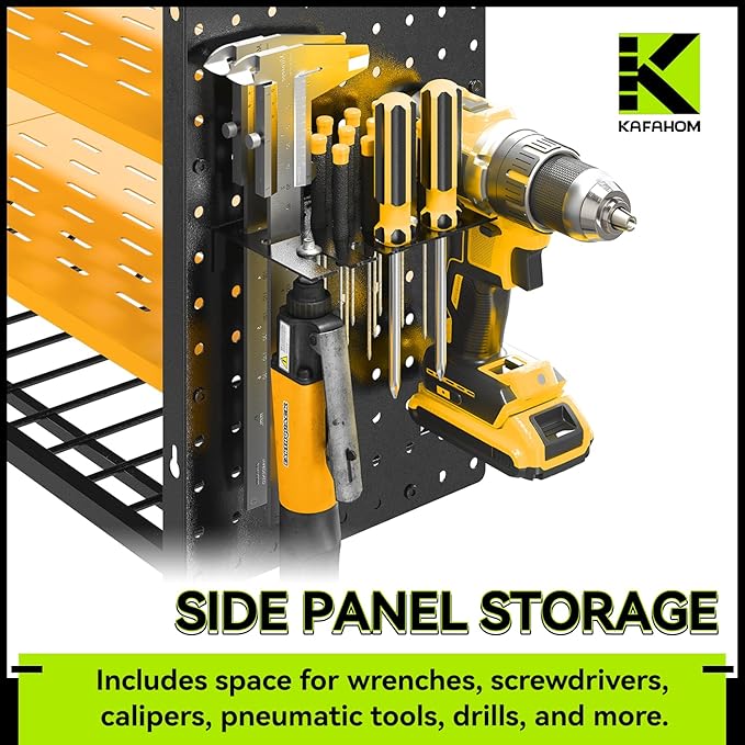 KAFAHOM Power Tool Organizer with Charging Station,9 Drill Holder Wall Mount,4 Layer Durable Metal Cordless Drill Storage for Garage Organization,Battery Tool Rack Built in 7 Outlet Power Strip-Yellow