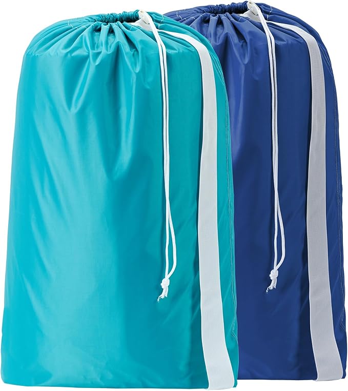 HOMEST 2 Pack XL Nylon Laundry Bag with Strap, Large Dirty Clothes Organizer, Easy Fit a Laundry Hamper or Basket, Can Carry Up to 4 Loads of Laundry, Sky Blue and Blue