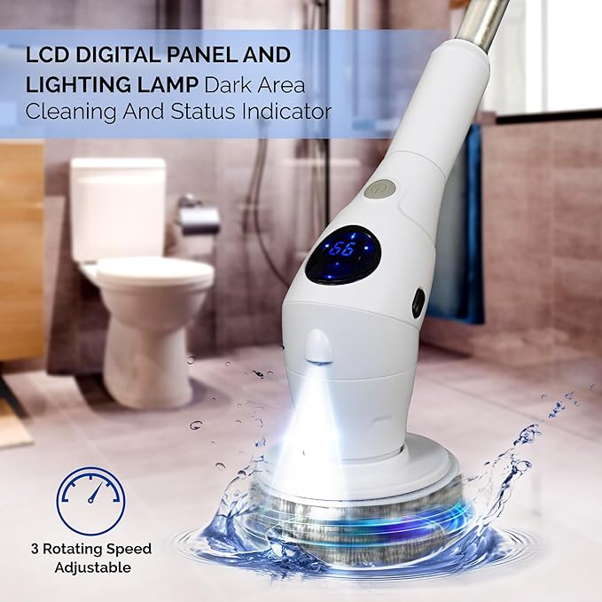 Electric Spin Scrubber, Cordless Power Brush with 8 Multi-Functional Heads, 3 Adjustable Speeds, IPX7 Waterproof, LED Display, Long Handle (13.8"-51"), Perfect for Bathroom, Tile, Kitchen, Car