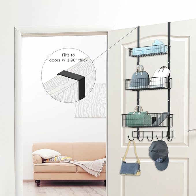 CADUKE Black Over The Door Organizer Over The Door Hooks with Basket Storage Door Towel Racks for Bathroom Door Storage Rack with 5 Hooks 3-Tier Door Hanger Basket for Kitchen