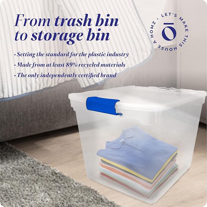 HOMZ 4-Pack Latching Lid, Large Clear Plastic Storage Bins with Lids, 31 Quart, Blue Latch - Stackable Container Boxes for Home, Bathroom, and Office Organization
