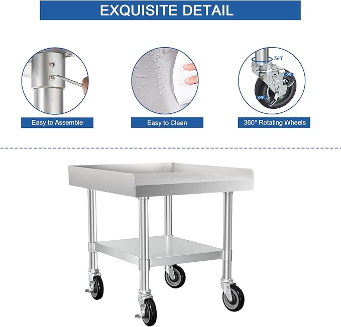 HARDURA Stainless Steel Equipment Stand Metal Prep Table with Casters 30"X 24" NSF 430 for Commercial Food Prep