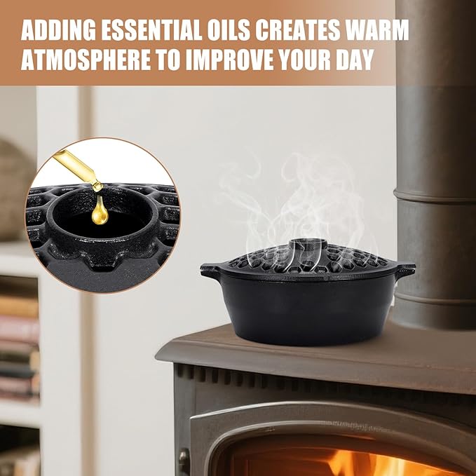G GOOD GAIN Wood Stove Steamer - Cast Iron Stove Humidifier with Large Opening Top | Oval Bowl Fire Place Stove Pot for Home Heating Decorative | Matte Finish & 2.7 Quart, Black