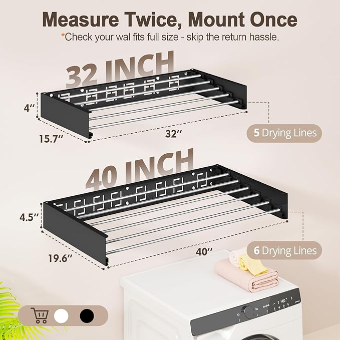 Wall Mounted Clothes Drying Rack Folding Indoor, Foldable Laundry Drying Rack Collapsible,Invisible, Space Saving, Retractable Towel Drying Rack, with Wall Template(5 Drying Rods, Black 32")