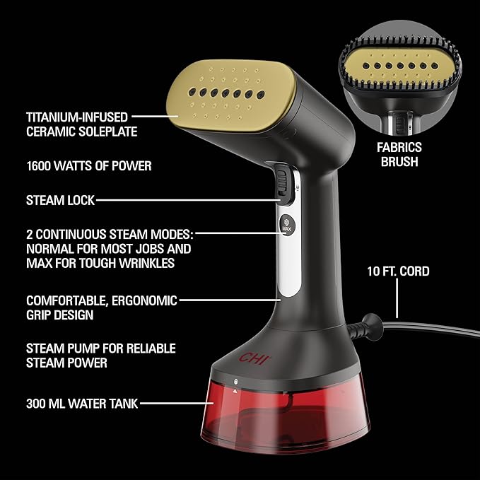 CHI Handheld Garment Steamer for Clothes, 2 Continuous Steam Modes, Full-Size 300 ml Capacity Water Tank, Ergonomic Handle, Vacation Essentials, 1600 Watts, 10’ Cord, Red (11590)