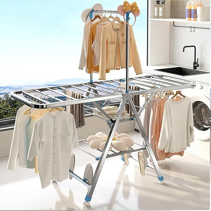 Heavy Duty Clothes Drying Rack Foldable with Brake Wheels,75''Extra-Thick Metal Frame, No Assembly Required, Adjustable Height for Indoor Outdoor Use