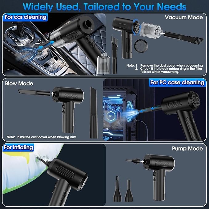 Compressed Air Duster, 100000RPM Handheld Car Vacuum/Air Blower& Pump, 3 Gear Adjustable Electric Air Duster/Car Vacuum Cleaner, Keyboard Duster with LED Light-10 Kits Air Blower for Computer(Black)