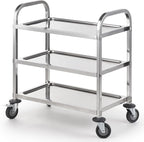 CURTA Stainless Steel Serving Trolley, 30" L x 16" W x 33" H 3 Tiered Shelf Kitchen Utility Cart, Rolling Casters Brake Wheel, Commercial Pro for Restaurant/Hotel/Lab/Clinic/Salon/Workshop