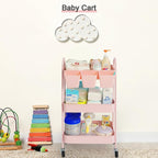 Danpinera 3-Tier Rolling Cart, Metal Storage Cart with Lockable Wheels, Hanging Cups & Hooks, Mobile Trolley for Kitchen, Bathroom, Office, Workshop, Pink