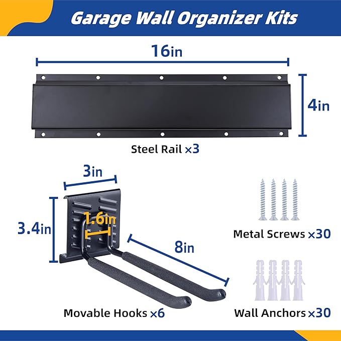 Garage Tool Organizer Wall Mount, 48" Garage Wall Organizer, Heavy Duty Garden Tool Organizers with Adjustable Hooks, 400 lbs Garages Organization, Anti-Rust Garden Tool Storage Rack for Yard and Shed