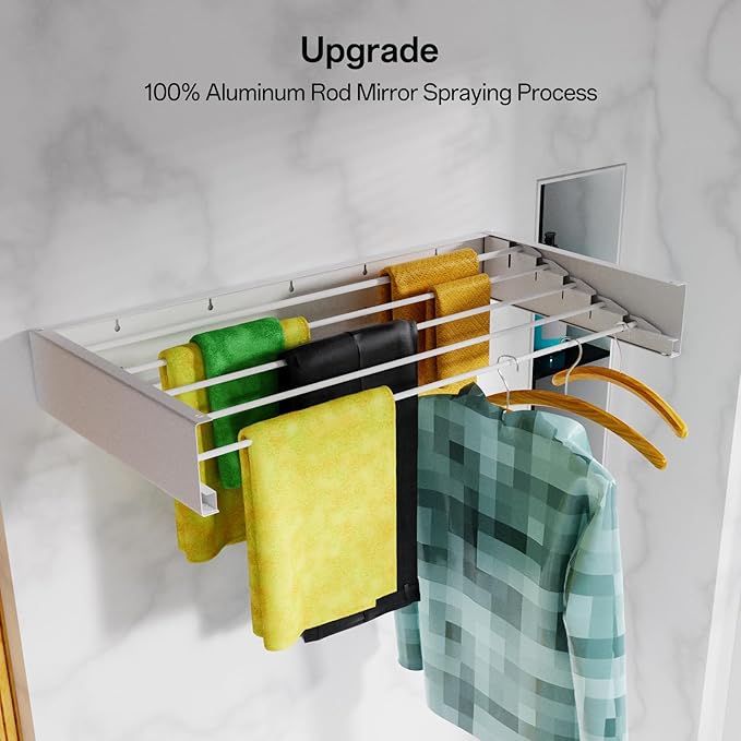 Wall Mounted Drying Rack for Laundry 31.5'', Folding Drying Rack Clothing Wall Mount with 5 Rods, Space Saving for Indoor Outdoor Bathroom Balcony (White 31.5")