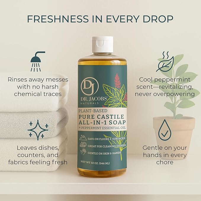 Dr. Jacobs Naturals Peppermint Castile All-in-One Cleaner and Soap - Plant-Based Formula for House Cleaning Floors and Appliances - Gentle on Skin and the Planet - 32 oz, 2 Pack
