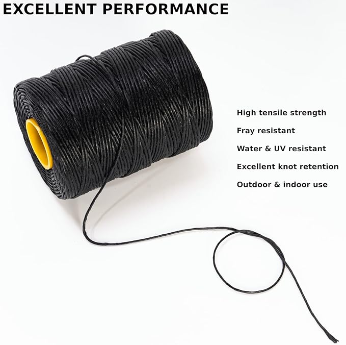 9-Ply Black String Waxed Twine, 660 Feet per Roll Heavy Duty Twine String, Black Cable Tie Down Wax Lacing Cord for Indoor or Outdoor Use,Thick Black Twine Wax String with 160 LBS Tensile Strength (2)