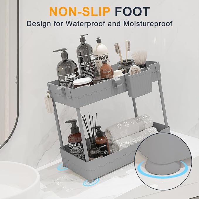 2 Pack Under Sink Organizer, Under Bathroom Cabinet Organizer with Hooks Hanging Cup, Multi-Purpose Storage Shelf for Kitchen Bathroom (Gray, XL)