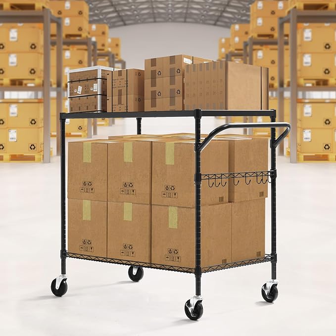 WDT 2-Tier Utility Cart with Wheels, Metal Cart with 1000LBS Capacity, NSF Heavy Duty Rolling Cart, Commercial Grade Serving Tool Storage Carts for Warehouse Garage Kitchen, 24"D x 45"W x 39"H, Black