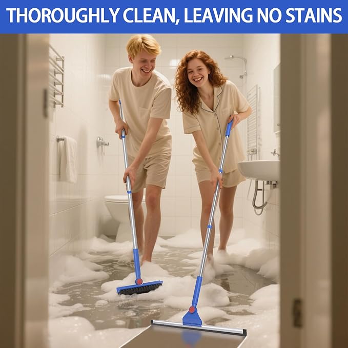 COBETE Floor Scrubber Grout Brush with 16.92IN Large Floor Rubber Squeegee, V-Shaped Scrub Brush and Foam Squeegee Collaborate Cleaning For Tiles, Marble, Glass in Bathrooms, Kitchen,Garages, Pet Hair