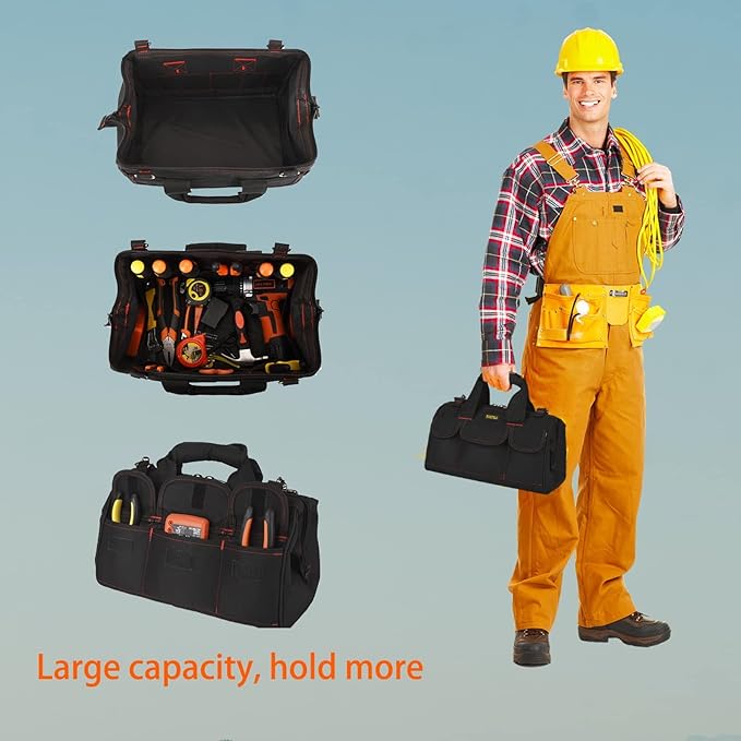 FASTECH 22-inch Heavy Duty Tools Bag With Wide Mouth For Tool Storage, Carrier and Organizer, Tote Bag for Men, Wide Mouth Tool Bag With Inside Pockets (22Inch)