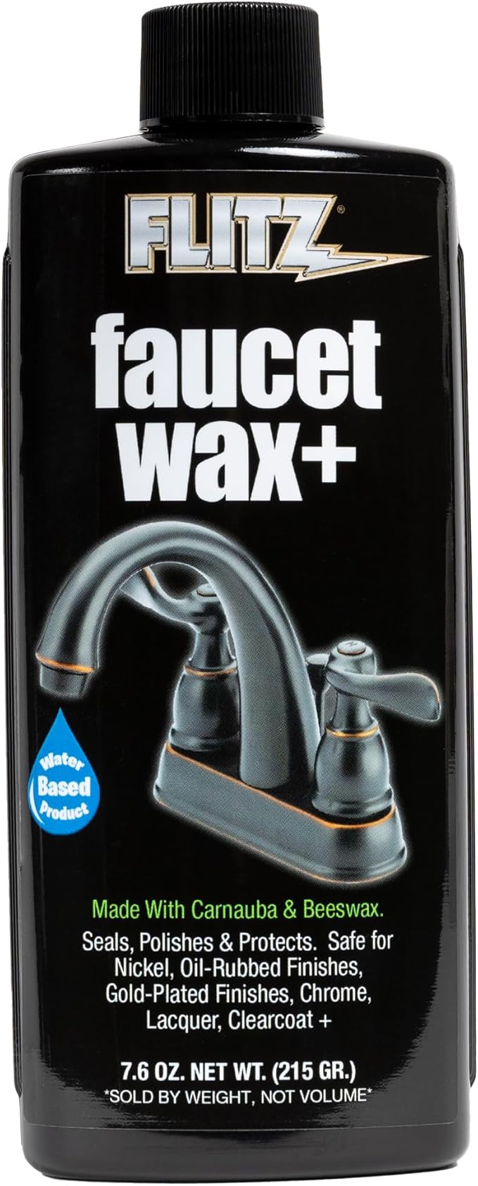 Flitz Faucet Wax Plus - 7.6oz Bottle of USA-Made, Water-Based Faucet Cleaner & Polisher for Water Stains, Fingerprints, & More - Metal Wax for Bronze, Nickel, Chrome, Brass - Granite Polish (1 Pack)
