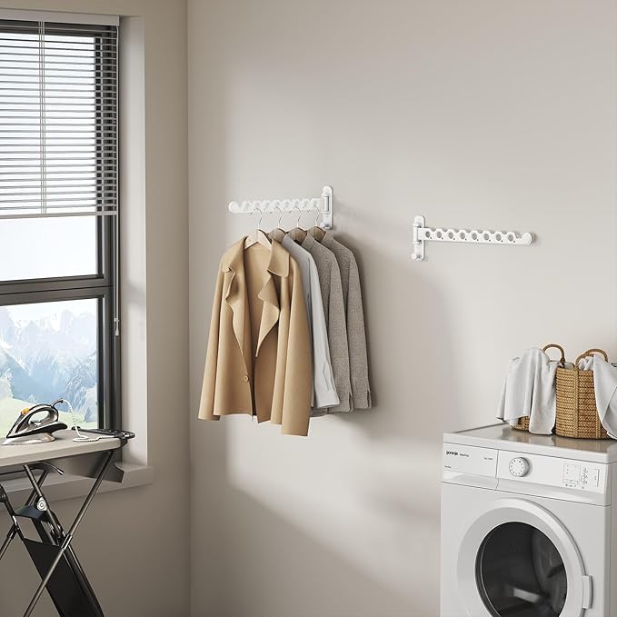 Wall Mounted Clothes Hanger Rack Foldable Drying Rack Hook Folding Indoor for Laundry Room Organization Bedroom Collapsible Racks Perfect for Small Spaces, 8 Hole White 2 Packs